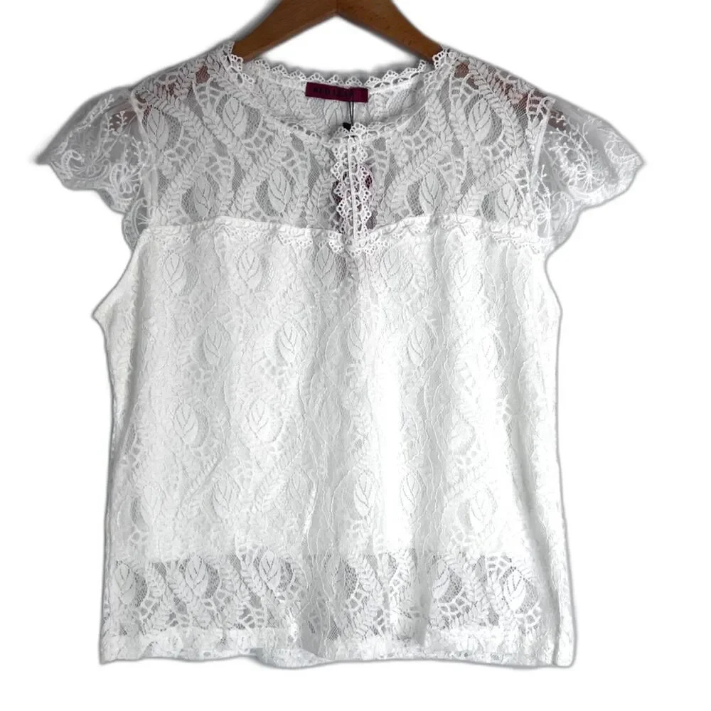 Red Leaf NWT White Lace Top Cap Sleeve Scoop Neck Semi Sheer Size‎ Large